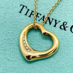 Tiffany & Co Elsa Peretti 18K Gold Open Heart 5 Diamond 16mm Pendant Necklace